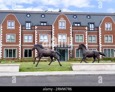 Egham, Surrey, Großbritannien. 30. August 2023. Der Milliardär der Tory Party, Surinder Arora, im Alter von 64 Jahren, wurde angewiesen, einen Flügel des fünf-Sterne-Fairmont Windsor Park Hotels in Egham, Surrey, zu zerstören, nachdem er angeblich ohne Planungsgenehmigung Änderungen am Gebäude vorgenommen hatte. Er fügte dem fünf-Sterne-Hotel einen zusätzlichen Flügel hinzu und erweiterte das Gebäude, ohne die erforderliche Planungsgenehmigung des Runnymede Borough Council einzuholen. Der rat hat nun eine Mitteilung zur Umsetzung der Planung veröffentlicht, in der er von Herrn Arora verlangt, dass er das Hotel ganz oder teilweise abreißen muss. Das kürzlich erbaute Hotel hat im Februar Schlagzeilen gemacht Stockfoto