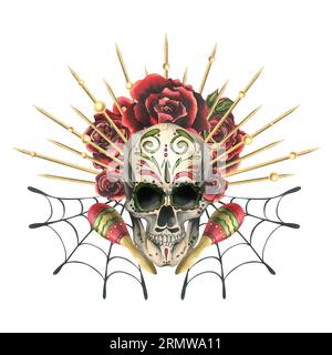 Menschlicher Schädel mit einem Ornament, in einer goldenen Krone mit Rochen, mit roten Rosen, Spinnweben und Maracas. Handgezeichnete Aquarellzeichnung für den Tag der Toten Stockfoto