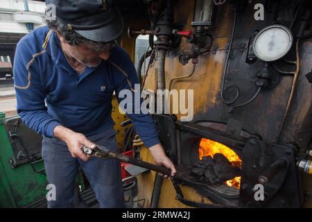 BUDAPEST, 15. Oktober 2014 -- Ein Fahrer speist das Feuer der Dampflokomotive, die den Golden Eagle Danube Express Luxuszug am Westbahnhof in Budapest, Ungarn, 15. Oktober 2014 zieht. Der Golden Eagle Danube Express verließ am 15. Oktober den Westbahnhof von Budapest und startete eine 13-tägige 7.000-Kilometer-Reise nach Teheran, Iran. Der Fahrpreis beträgt 10.000 bis 15.000 US-Dollar. Der Zug besteht aus 13 modernisierten alten Luxusautos, die allesamt Museumsstücke sind. Sie fährt durch Rumänien und Bulgarien in die Türkei, wo der gesamte Zug auf eine Fährüberfahrt nach Izmit, ON, geladen wird Stockfoto