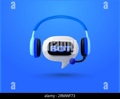 3D-Chatbot-Symbol mit Kopfhörer, Mikrofon, Online-Support-Blase, Helpdesk für Kunden, Callcenter, minimaler Stil, isoliert auf Hintergrund. 3D-Vektorillustration. Vektorillustration Stock Vektor