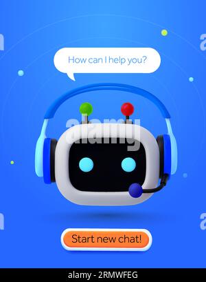 3D Smart and Cute Robot oder KI Help Desk Bannervorlage. Kombination aus Chatbot, Kopfhörer und CTA-Taste isoliert im Hintergrund. 3D-Vektorillustration für Kundensupport, Fragen und Antworten. Vektorillustration Stock Vektor
