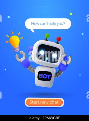 3D Smart and Cute Robot oder KI Help Desk Bannervorlage. Kombination aus Chatbot, Lampe und CTA-Taste isoliert im Hintergrund. 3D-Vektorillustration für Kundensupport, Fragen und Antworten. Vektorillustration Stock Vektor