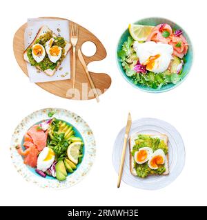 Sammlung von isolierten Bildern von Avocadotörtchen mit pochiertem Ei, Lachs, Kürbiskernen. Frühstückskonzept. Gesunde Ernährung Stockfoto