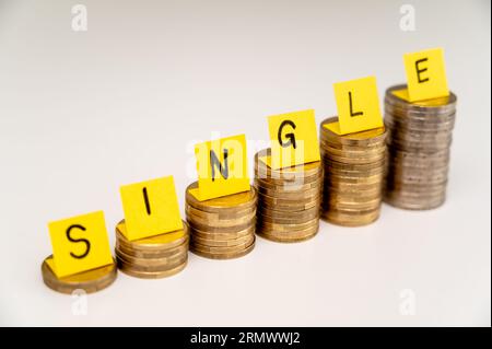 Münzstapel mit Einzeltext. Wirtschaftliche Verhältnisse von Einzelpersonen, höhere Kosten von Einzelpersonen. Stockfoto