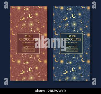 Goldenes Etikettenset mit Schokoladendesign. Moderne Typographie und handgezeichnete himmlische Elemente Stock Vektor