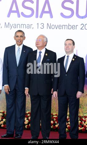(141113) -- NAY PYI TAW, 13. November 2014 -- US-Präsident Barack Obama, der malaysische Premierminister Najib Razak und der russische Premierminister Dmitri Medwedew (L-R) posieren für Gruppenfotos vor dem 9. Ostasiengipfel in Nay Pyi Taw, Myanmar. Der 9. Ostasiengipfel fand hier am Donnerstag statt. ) MYANMAR-NAY PYI TAW-OSTASIENGIPFEL MaxPing PUBLICATIONxNOTxINxCHN Nay Pyi Taw 13. November 2014 US-Präsident Barack Obama der malaysische Premierminister Najib Razak und der russische Premierminister Dmitri Medwedew l werden vor dem 9. Ostasiengipfel in Nay Pyi Taw Myanmar für Gruppenfotos posieren Ost-Asi Stockfoto