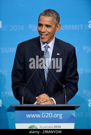 (141116) -- BRISBANE, 16. November 2014 -- US-Präsident Barack Obama spricht auf der G20-Abschlusspressekonferenz im Brisbane Convention and Exhibition Center in Brisbane, Australien, 16. November 2014. ) (lmz) AUSTRALIEN-BRISBANE-G20-PRESSEKONFERENZ BaixXue PUBLICATIONxNOTxINxCHN Brisbane 16. November 2014 US-Präsident Barack Obama spricht AUF der G20-Abschlusspressekonferenz IM Brisbane Convention and Exhibition Center in Brisbane Australien 16. November 2014 Australien Brisbane G20-Pressekonferenz PUBLICATIONxNOTxINxCHN Stockfoto