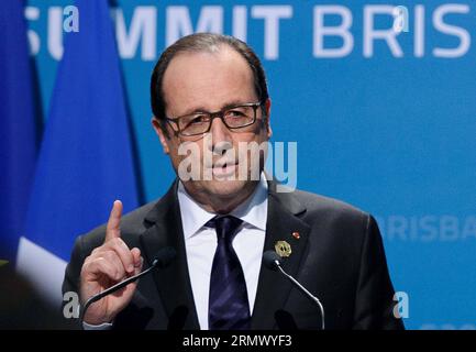 (141116) -- BRISBANE, 16. November 2014 -- der französische Präsident Francois Hollande spricht auf der G20-Abschlusspressekonferenz im Brisbane Convention and Exhibition Center in Brisbane, Australien, 16. November 2014. ) (lmz) AUSTRALIEN-BRISBANE-G20-PRESSEKONFERENZ BaixXue PUBLICATIONxNOTxINxCHN Brisbane 16. November 2014 französischer Präsident Francois Hollande spricht AUF der G20-Abschlusspressekonferenz IM Brisbane Convention and Exhibition Center in Brisbane Australien 16. November 2014 Australien Brisbane G20-Pressekonferenz PUBLICATIONxNOTxINxCHN Stockfoto