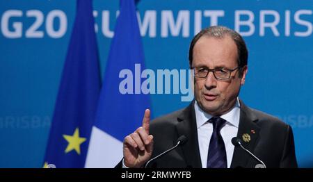 (141116) -- BRISBANE, 16. November 2014 -- der französische Präsident Francois Hollande spricht auf der G20-Abschlusspressekonferenz im Brisbane Convention and Exhibition Center in Brisbane, Australien, 16. November 2014. ) (lmz) AUSTRALIEN-BRISBANE-G20-PRESSEKONFERENZ BaixXue PUBLICATIONxNOTxINxCHN Brisbane 16. November 2014 französischer Präsident Francois Hollande spricht AUF der G20-Abschlusspressekonferenz IM Brisbane Convention and Exhibition Center in Brisbane Australien 16. November 2014 Australien Brisbane G20-Pressekonferenz PUBLICATIONxNOTxINxCHN Stockfoto