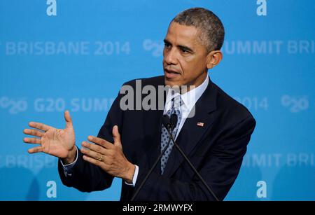 (141116) -- BRISBANE, 16. November 2014 -- US-Präsident Barack Obama spricht auf der G20-Abschlusspressekonferenz im Brisbane Convention and Exhibition Center in Brisbane, Australien, 16. November 2014. ) (lmz) AUSTRALIEN-BRISBANE-G20-PRESSEKONFERENZ BaixXue PUBLICATIONxNOTxINxCHN Brisbane 16. November 2014 US-Präsident Barack Obama spricht AUF der G20-Abschlusspressekonferenz IM Brisbane Convention and Exhibition Center in Brisbane Australien 16. November 2014 Australien Brisbane G20-Pressekonferenz PUBLICATIONxNOTxINxCHN Stockfoto