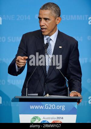 (141116) -- BRISBANE, 16. November 2014 -- US-Präsident Barack Obama spricht auf der G20-Abschlusspressekonferenz im Brisbane Convention and Exhibition Center in Brisbane, Australien, 16. November 2014. ) (lmz) AUSTRALIEN-BRISBANE-G20-PRESSEKONFERENZ BaixXue PUBLICATIONxNOTxINxCHN Brisbane 16. November 2014 US-Präsident Barack Obama spricht AUF der G20-Abschlusspressekonferenz IM Brisbane Convention and Exhibition Center in Brisbane Australien 16. November 2014 Australien Brisbane G20-Pressekonferenz PUBLICATIONxNOTxINxCHN Stockfoto