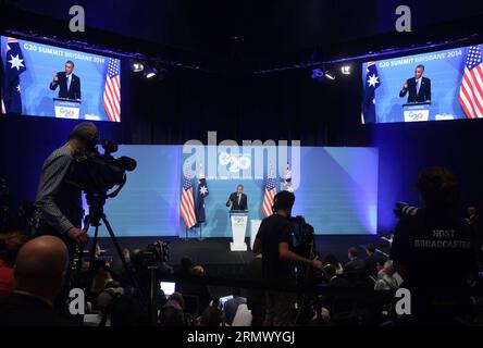 (141116) -- BRISBANE, 16. November 2014 -- US-Präsident Barack Obama spricht auf der G20-Abschlusspressekonferenz im Brisbane Convention and Exhibition Center in Brisbane, Australien, 16. November 2014. ) (lmz) AUSTRALIEN-BRISBANE-G20-PRESSEKONFERENZ BaixXue PUBLICATIONxNOTxINxCHN Brisbane 16. November 2014 US-Präsident Barack Obama spricht AUF der G20-Abschlusspressekonferenz IM Brisbane Convention and Exhibition Center in Brisbane Australien 16. November 2014 Australien Brisbane G20-Pressekonferenz PUBLICATIONxNOTxINxCHN Stockfoto