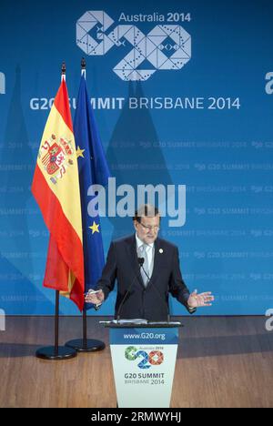 (141116) -- BRISBANE, 16. November 2014 -- der spanische Premierminister Mariano Rajoy spricht auf der Pressekonferenz nach dem G20-Gipfel in Brisbane, Australien, 16. November 2014. ) (lmz) AUSTRALIEN-BRISBANE-G20-GIPFEL-PRESSEKONFERENZ Pool PUBLICATIONxNOTxINxCHN Brisbane 16. November 2014 die spanischen Premierminister Mariano Rajoy sprechen AUF der Pressekonferenz nach dem G20-Gipfel in Brisbane Australien 16. November 2014 Australien Brisbane G20-Gipfel Pressekonferenzpool PUBLICATIONxNOTxINxCHN Stockfoto