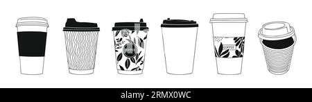 Set aus verschiedenen Kaffeetassen aus Papier zum Mitnehmen. Stock Vektor