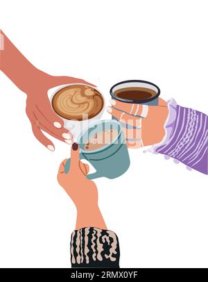 Cheers mit Tee- und Kaffeetassen in den Händen Vektor. Stock Vektor