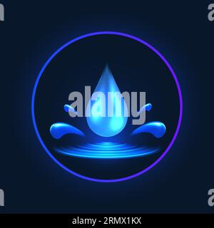 Fallendes Wasser Tropfen 3D Neon glühende Abbildung. Wasserabweisendes und wasserdichtes Schild. Symbol für Hydration und Schmierung. Stock Vektor