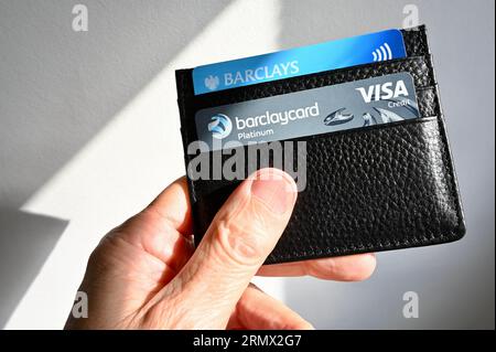 Barclays Kredit- und Debitkarten in einer Ledertasche. Stockfoto