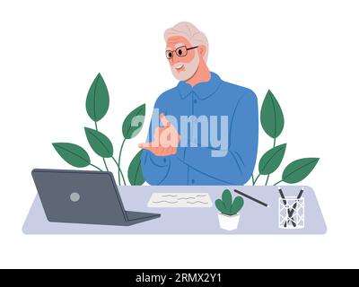 Älterer Mann, der im Videogespräch mit Gebärdensprache spricht, mit einem Patienten mit Hörbehinderung, Taubheit spricht und Gesten auf dem Bildschirm zeigt. Stock Vektor