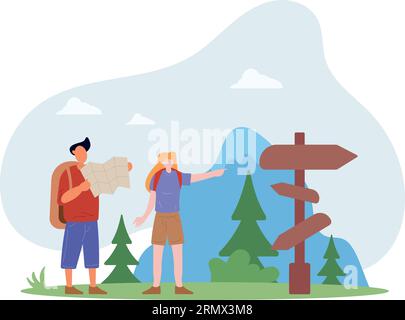 Touristen suchen nach Lage. Mann und Frau mit Karte in der Nähe der Straße. Reise, Reise und Abenteuer, aktiver Lebensstil. Wandern und Camping im Wald. Flacher Vektor il Stock Vektor