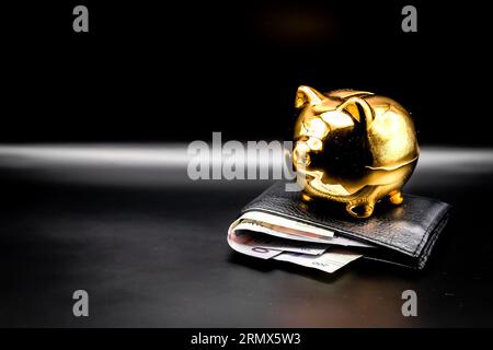 Schweinebank auf der Brieftasche mit Scheinen auf schwarzem Hintergrund Stockfoto