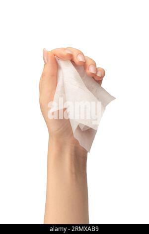 Feuchtes Wischtuch in einer Frauenhand, isoliert auf weißem Hintergrund. Hände isoliert waschen. Stockfoto