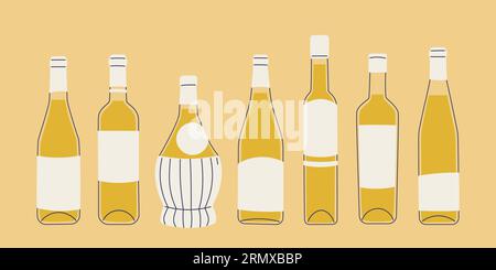 Set aus Flaschen mit Weißwein in verschiedenen Formen und Größen. Klassische Glasweinflaschen. Isolierte Abbildungen für Weindesign, Menüs, Aufkleber Stock Vektor