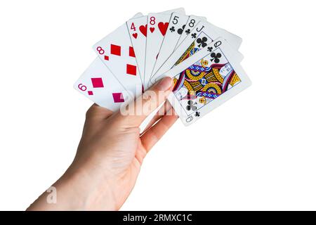 Spielen mit Karten aus nächster Nähe isoliert auf weißem Hintergrund. Stockfoto