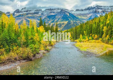 McDonald Creek im Herbst unter die Gartenmauer im Glacier National Park, montana Stockfoto