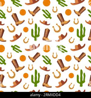 Nahtloses amerikanisches Cowboy-Muster. Cowboystiefel, Hut, Hufeisen, Peyote-Kakteen, Sonne. Rodeo, Wilder Westen, Westen, Boho-Stil. Vektor für Druck Textil Gew Stock Vektor