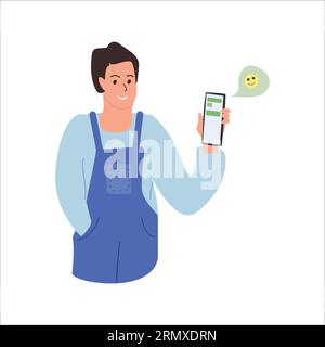 Mann in Overalls hält ein Smartphone mit einer Nachricht Stock Vektor