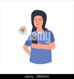 Die süße Frau hält Nachrichten mit einem Lächeln auf dem Handy Stock Vektor