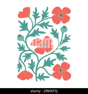 Einfaches abstraktes Mohnblumenplakat, Wandkunst Niedliche trendige Vektor-Illustration für Karte. Stock Vektor