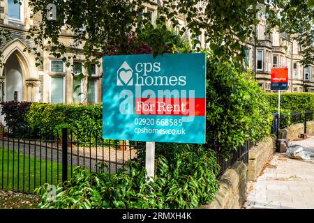 Zum Mieten Schild in Pontcanna (gehobene Gegend), Cardiff. Britischer Wohnungsmarkt. Immobilienmarkt. Hypotheken. Konzept. Zusammenfassung. Geschäftskunden. Wirtschaftlichkeit. Steuer Stockfoto