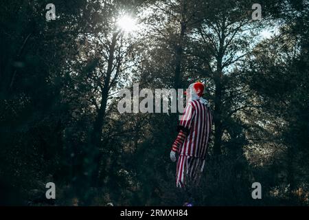 Ein verrückter böse Rothaarige, der ein weiß-rot gestreiftes Kostüm mit einem weißen Fell trägt, spaziert durch den Wald mit einer gruseligen Atmosphäre Stockfoto