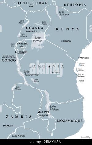 Afrikanische Region der Großen Seen, graue politische Karte. Große Riftseen Afrikas und ihre Anrainerstaaten mit Hauptstädten und Grenzen. Lake Victoria usw. Stockfoto