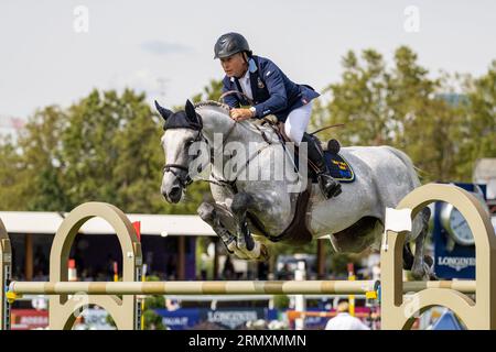 Mailand, Italien. 30. August 2023. BENGTSSON Rolf-Goran aus Schweden reitet Zuccero während der FEI-Europameisterschaft im Springen 2023, pferderennen am 30. August 2023 im hippodrom Snai San Siro in Mailand, Italien während der Springeuropameisterschaft 2023, Internationales Pferderennen in Mailand, Italien, August 30 2023 Credit: Independent Photo Agency/Alamy Live News Stockfoto