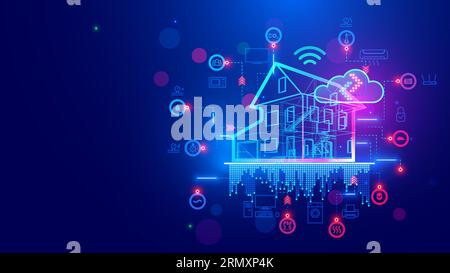 3D-Blueprint-Plan für Smart Home mit Icons IoT-Geräten. Smart-Home-Konzept-Banner. Building House System Internet der Dinge. IOT in der Smart Home-Technologie Stock Vektor