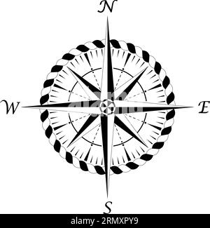 Kompassrosen-Vektor mit vier Windrichtungen und Schnurrahmen in Schwarz und weiß. Acht Spike Wind stieg. Stock Vektor