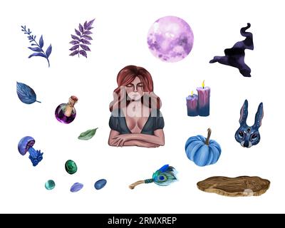 Hexe, Hexenhut, Kerzen, Kürbis, Mond, Pilz. Set Illustration für halloween, isoliert auf weißem Hintergrund. Grußkarten, Einladungen. Stockfoto