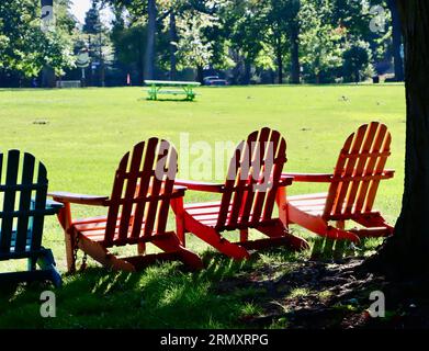 Eine Reihe von Adirondack-Stühlen im Park von Wade Oval in Cleveland, Ohio Stockfoto