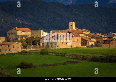 Vilanova de Banat, grüne Felder und die Cadí-Bergkette bei Sonnenuntergang im Spätsommer (Alt Urgell, Lleida, Katalonien, Spanien, Pyrenäen) Stockfoto