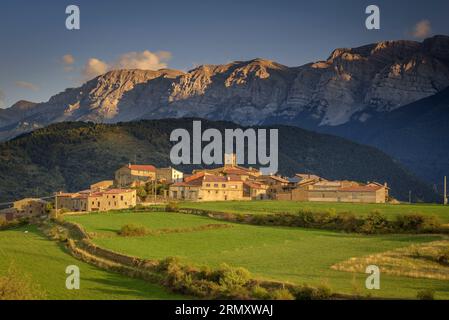 Vilanova de Banat, grüne Felder und die Cadí-Bergkette bei Sonnenuntergang im Spätsommer (Alt Urgell, Lleida, Katalonien, Spanien, Pyrenäen) Stockfoto