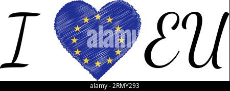 Ich liebe Land Europäische Union eu, Text mit Herz Doodle Stock Vektor