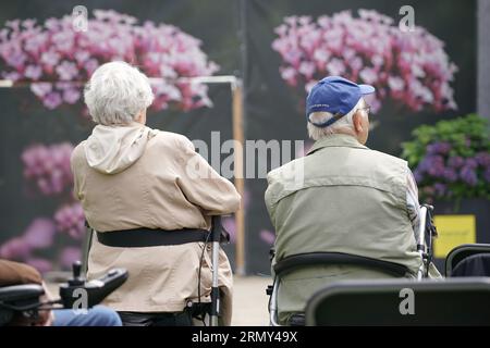 Hessengartenschau 2023 in Fulda, Hessen, Deutschland. Alte Leute sitzen bei einem Konzert, Blick von hinten. Stockfoto