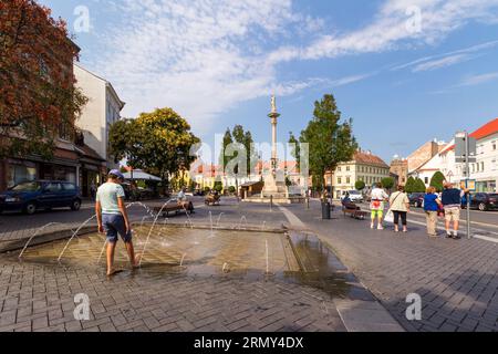 Kind spielt im Wasser des Brunnens in der Nähe der Marienstatue (Maria-szobor), Varkerulet, Sopron, Ungarn Stockfoto