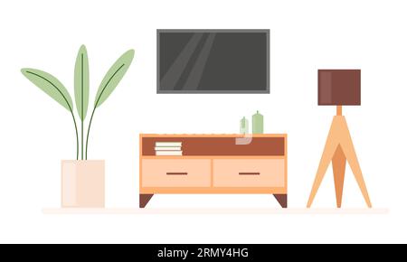 TV-Bereich im Wohnzimmer mit Pflanze und Lampe. Gemütliche, moderne Einrichtung mit Kerzen und Büchern im minimalistischen Cartoon-Stil Stock Vektor