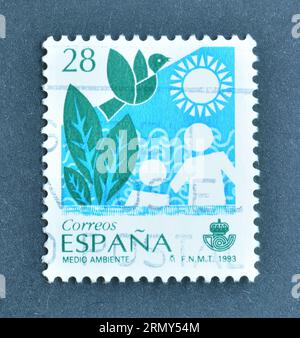 Von Spanien gedruckte Briefmarke, die Environment zeigt, um 1993. Stockfoto