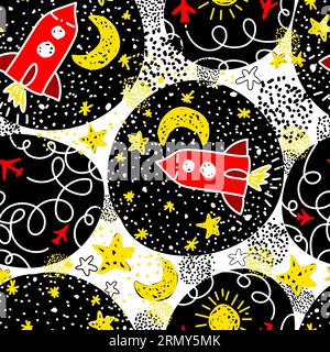Nahtloser Hintergrund von Raketen im Weltraum. Tapete für das Kinderzimmer des Jungen. Leerzeichen. Vektorillustration Stock Vektor