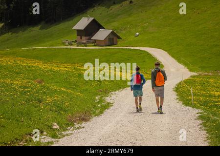 Zwei anonimige Wanderer schlendern auf einem Schotterweg in einem wunderschönen grünen Tal mit Blumen und einigen Hütten auf dem Weg. Stockfoto