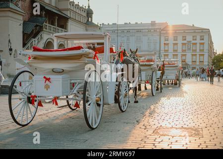 Weiße, edle Pferdekutschen aus Holz auf dem Krakauer Hauptplatz oder Rynek Glowny an einem romantischen, sonnigen Nachmittag. Schöne Kutschen bereit für den Transport von c Stockfoto